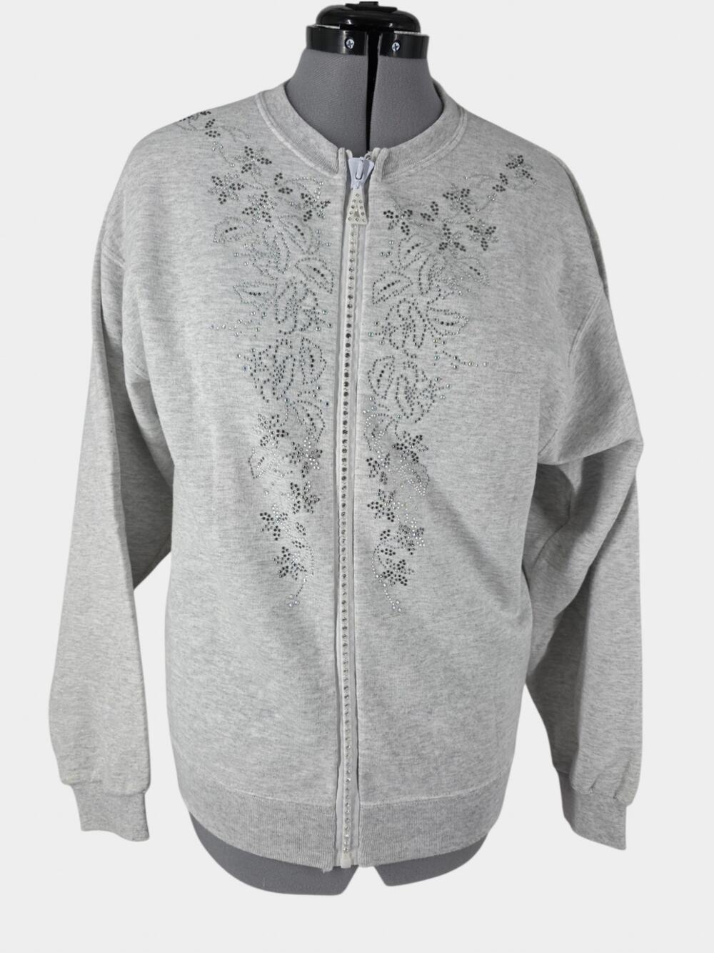 Jerzees Jacket Women's L NuBlend Gray Fleece Full Zip Rhinestone VTG